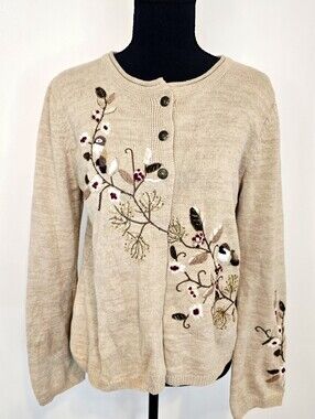Coldwater Creek Bird Embroidered Floral Cardigan Sweater Beige Cottagecore